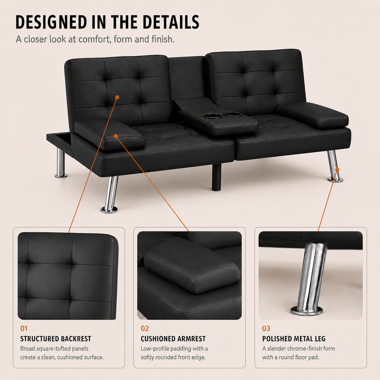 Flamaker Futon Sofa Bed Modern Folding Futon Set Convertible Recliner Lounge for Living Room with 2 Cup Holders, Removable Armrests (PU Leather, Black)