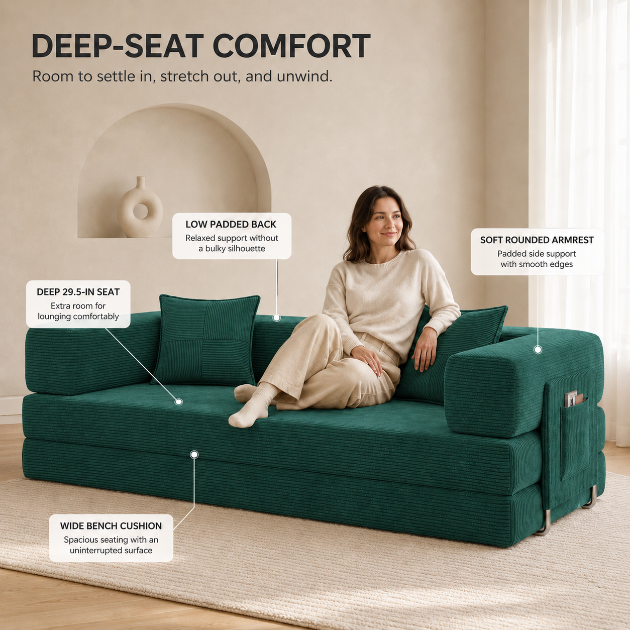 MoonSpeak 78.8'' Futon Sofa Bed, Boneless Couches for Living Room, Emerald Green