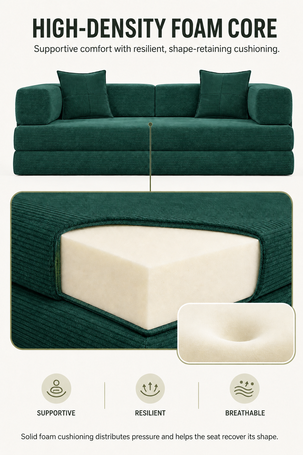 MoonSpeak 78.8'' Futon Sofa Bed, Boneless Couches for Living Room, Emerald Green
