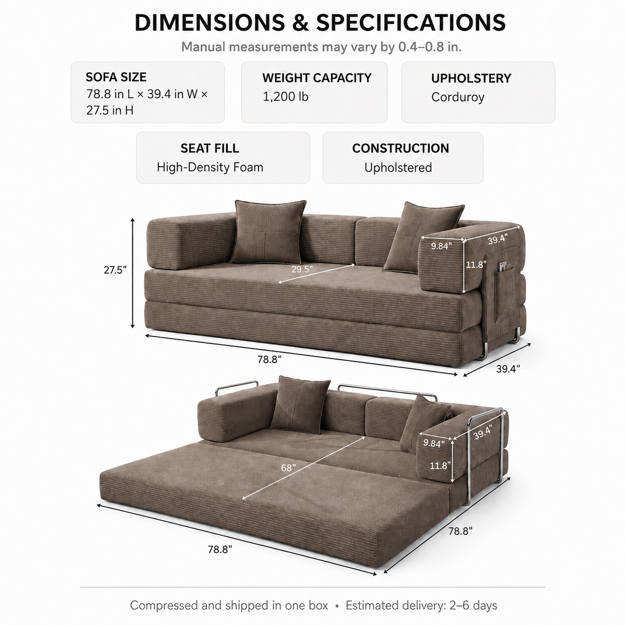 MoonSpeak 78.8'' Futon Sofa Bed, Boneless Couches for Living Room, Brown
