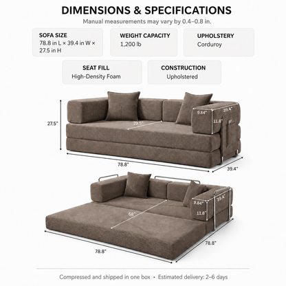 MoonSpeak 78.8'' Futon Sofa Bed, Boneless Couches for Living Room, Brown