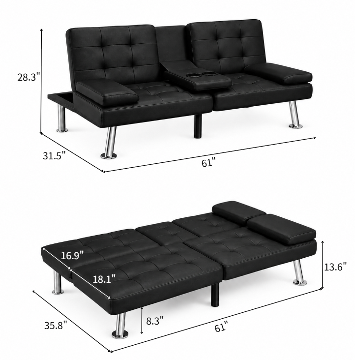 Flamaker Futon Sofa Bed Modern Folding Futon Set Convertible Recliner Lounge for Living Room with 2 Cup Holders, Removable Armrests (PU Leather, Black)