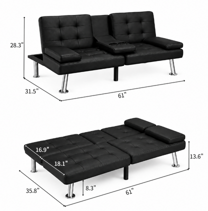 Flamaker Futon Sofa Bed Modern Folding Futon Set Convertible Recliner Lounge for Living Room with 2 Cup Holders, Removable Armrests (PU Leather, Black)
