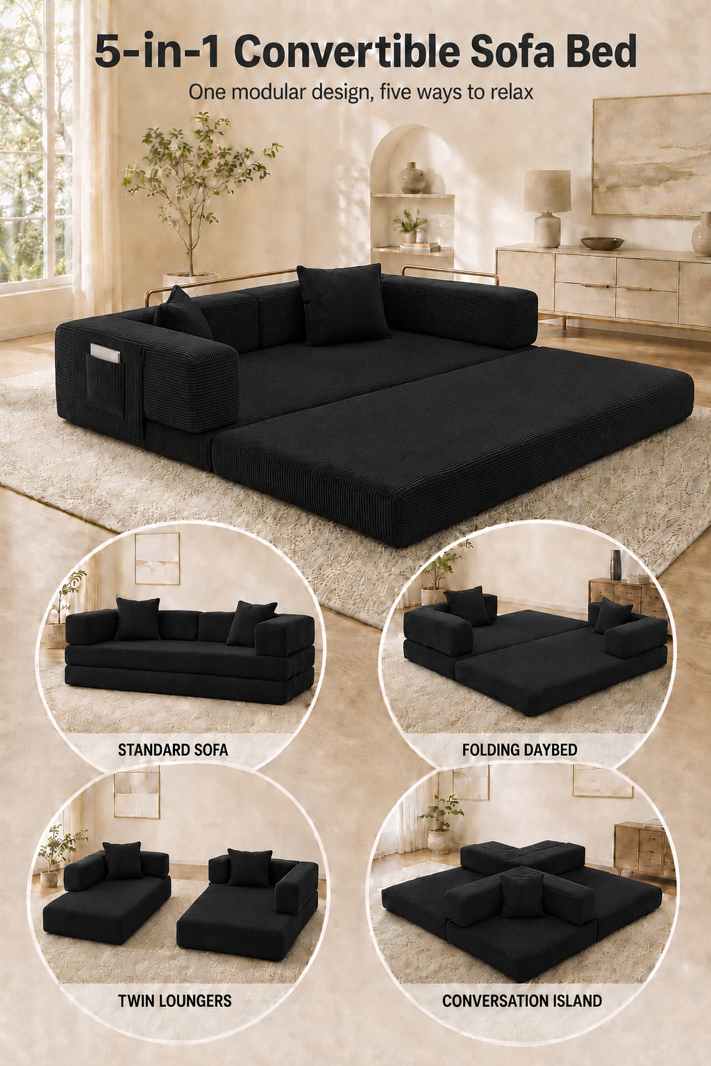 MoonSpeak 78.8'' Futon Sofa Bed, Boneless Couches for Living Room, Black