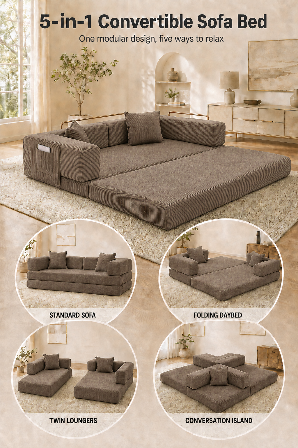 MoonSpeak 78.8'' Futon Sofa Bed, Boneless Couches for Living Room, Brown