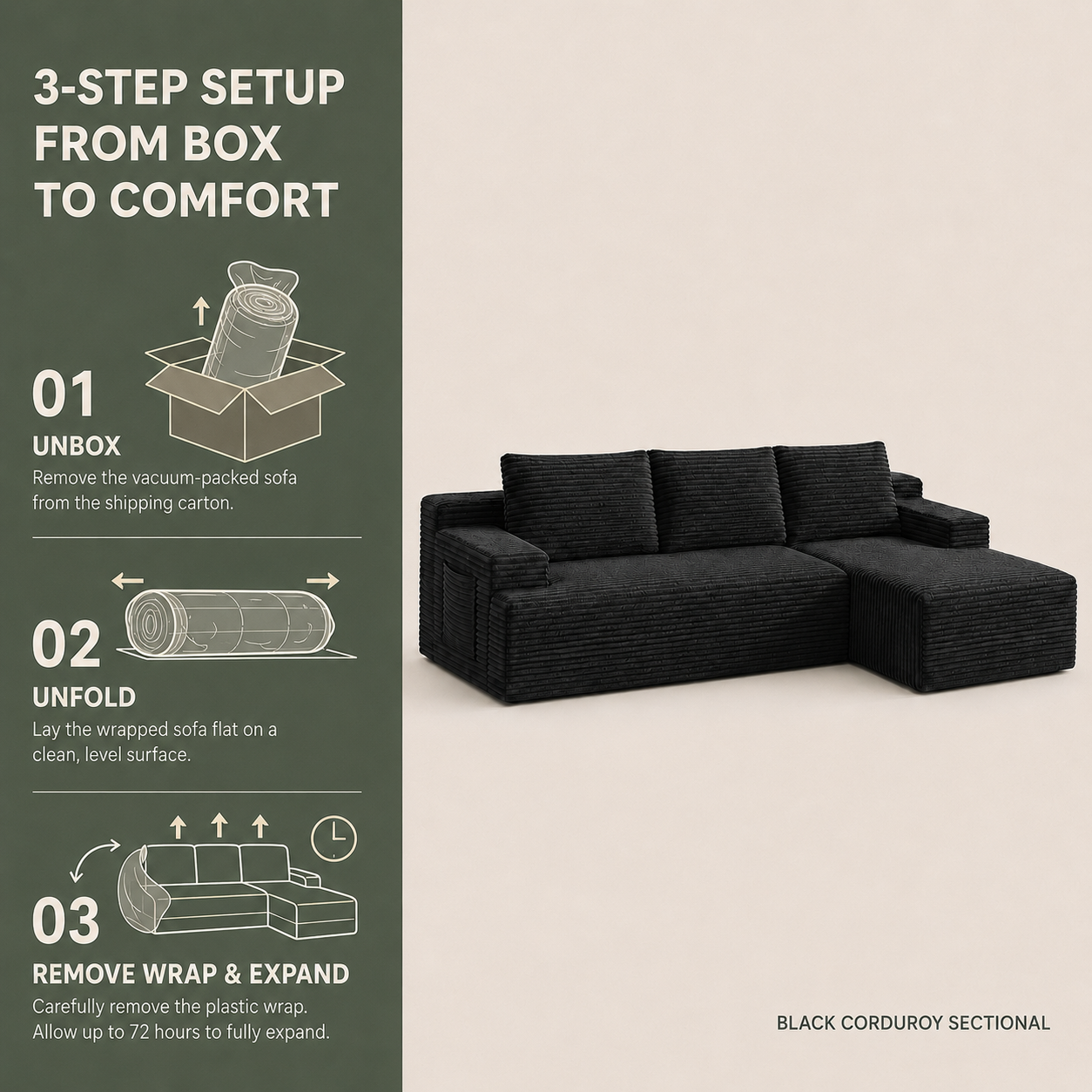 96" Sectional Couches for Living Room Cloud Couch Sofa with L-Shape Upholstered Boneless Couchs Modern Modular Sectional Couch with Chaise (Black, 96" L Shaped with Right Facing Chaise)