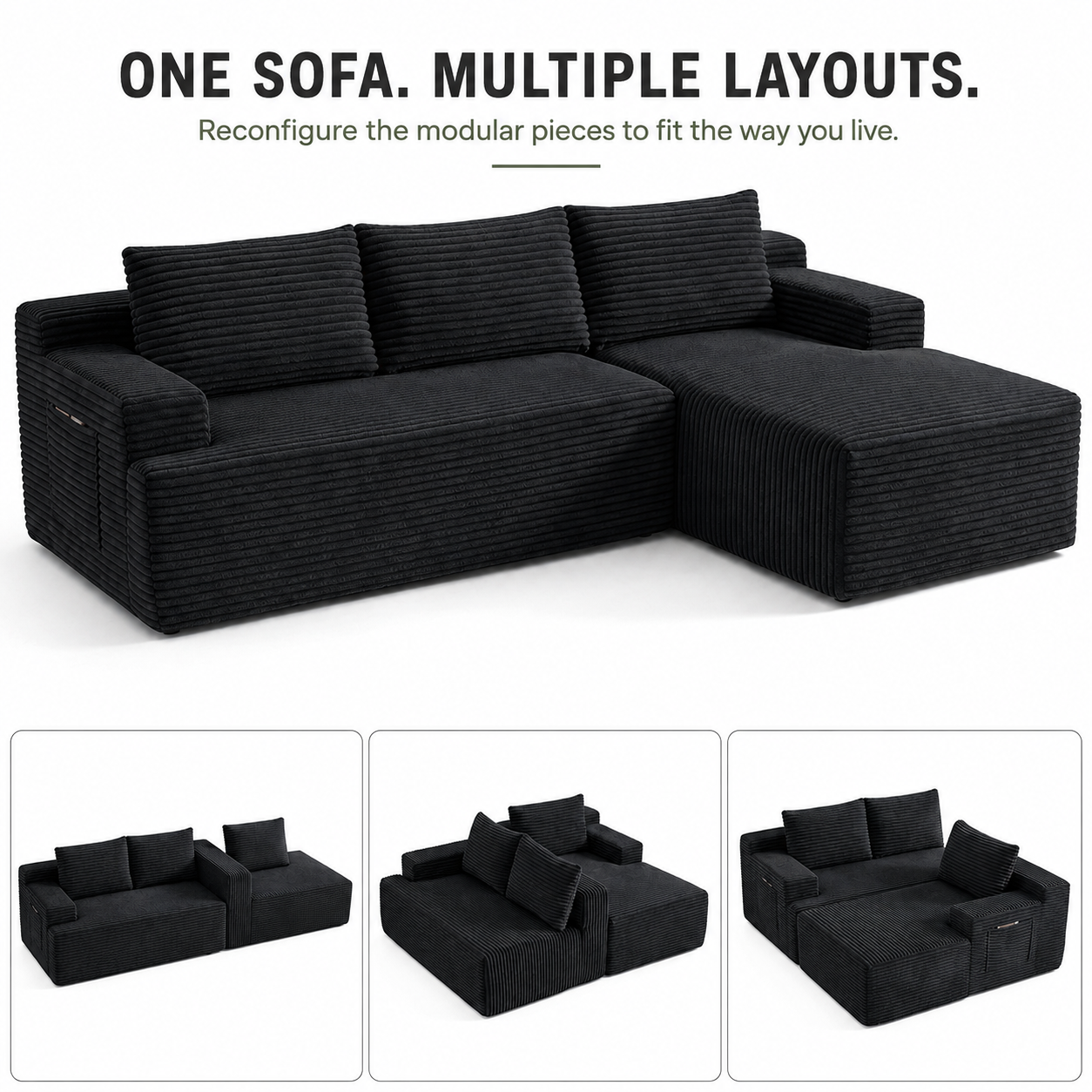 96" Sectional Couches for Living Room Cloud Couch Sofa with L-Shape Upholstered Boneless Couchs Modern Modular Sectional Couch with Chaise (Black, 96" L Shaped with Right Facing Chaise)