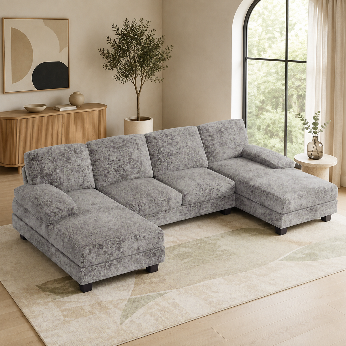 Furmax Sectional Couches for Living Room, U-Shaped Sofa Couch with Linen Fabric, 4 Seat Sofa Set with Double Chaise for Apartment (Fabric, Grey)