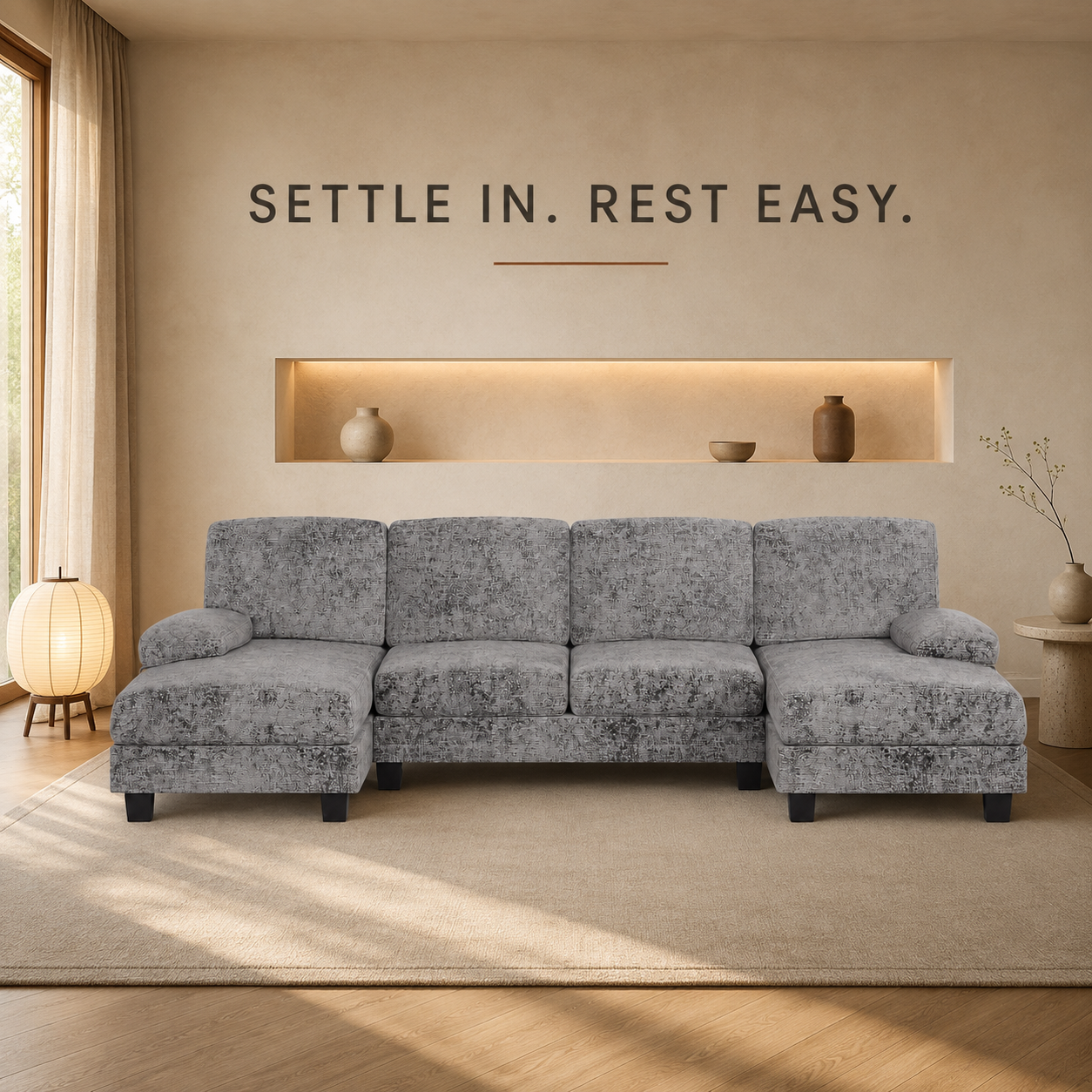 Furmax Sectional Couches for Living Room, U-Shaped Sofa Couch with Linen Fabric, 4 Seat Sofa Set with Double Chaise for Apartment (Fabric, Grey)