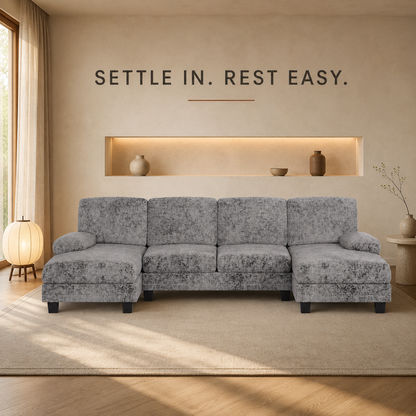 Furmax Sectional Couches for Living Room, U-Shaped Sofa Couch with Linen Fabric, 4 Seat Sofa Set with Double Chaise for Apartment (Fabric, Grey)