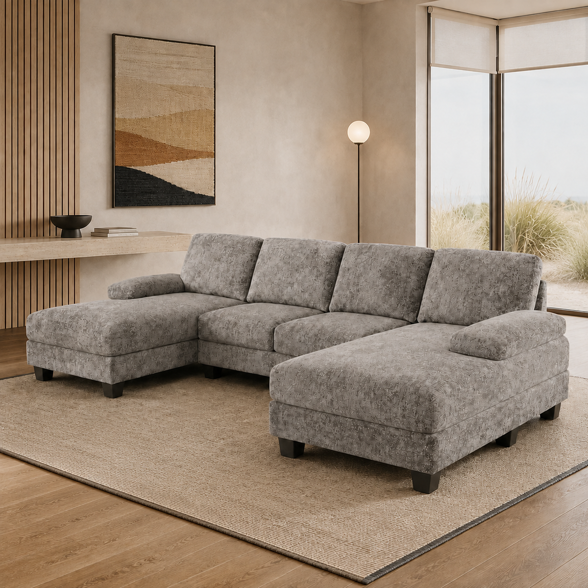 Furmax Sectional Couches for Living Room, U-Shaped Sofa Couch with Linen Fabric, 4 Seat Sofa Set with Double Chaise for Apartment (Fabric, Grey)