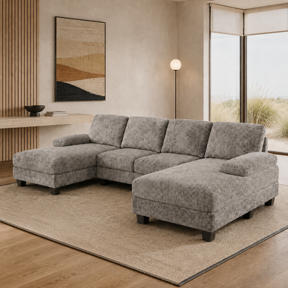Furmax Sectional Couches for Living Room, U-Shaped Sofa Couch with Linen Fabric, 4 Seat Sofa Set with Double Chaise for Apartment (Fabric, Grey)