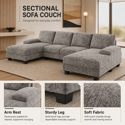 Furmax Sectional Couches for Living Room, U-Shaped Sofa Couch with Linen Fabric, 4 Seat Sofa Set with Double Chaise for Apartment (Fabric, Grey)