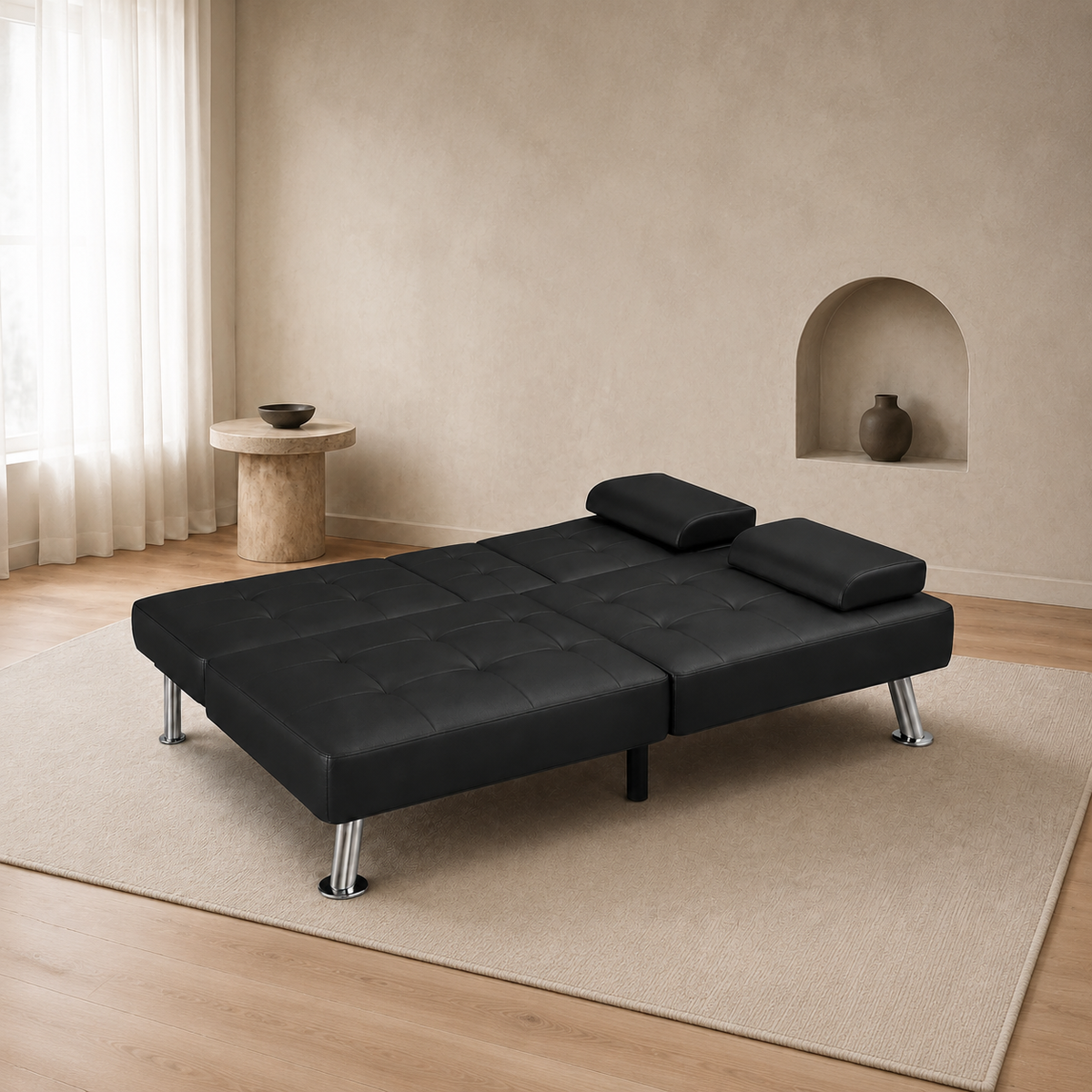 Flamaker Futon Sofa Bed Modern Folding Futon Set Convertible Recliner Lounge for Living Room with 2 Cup Holders, Removable Armrests (PU Leather, Black)