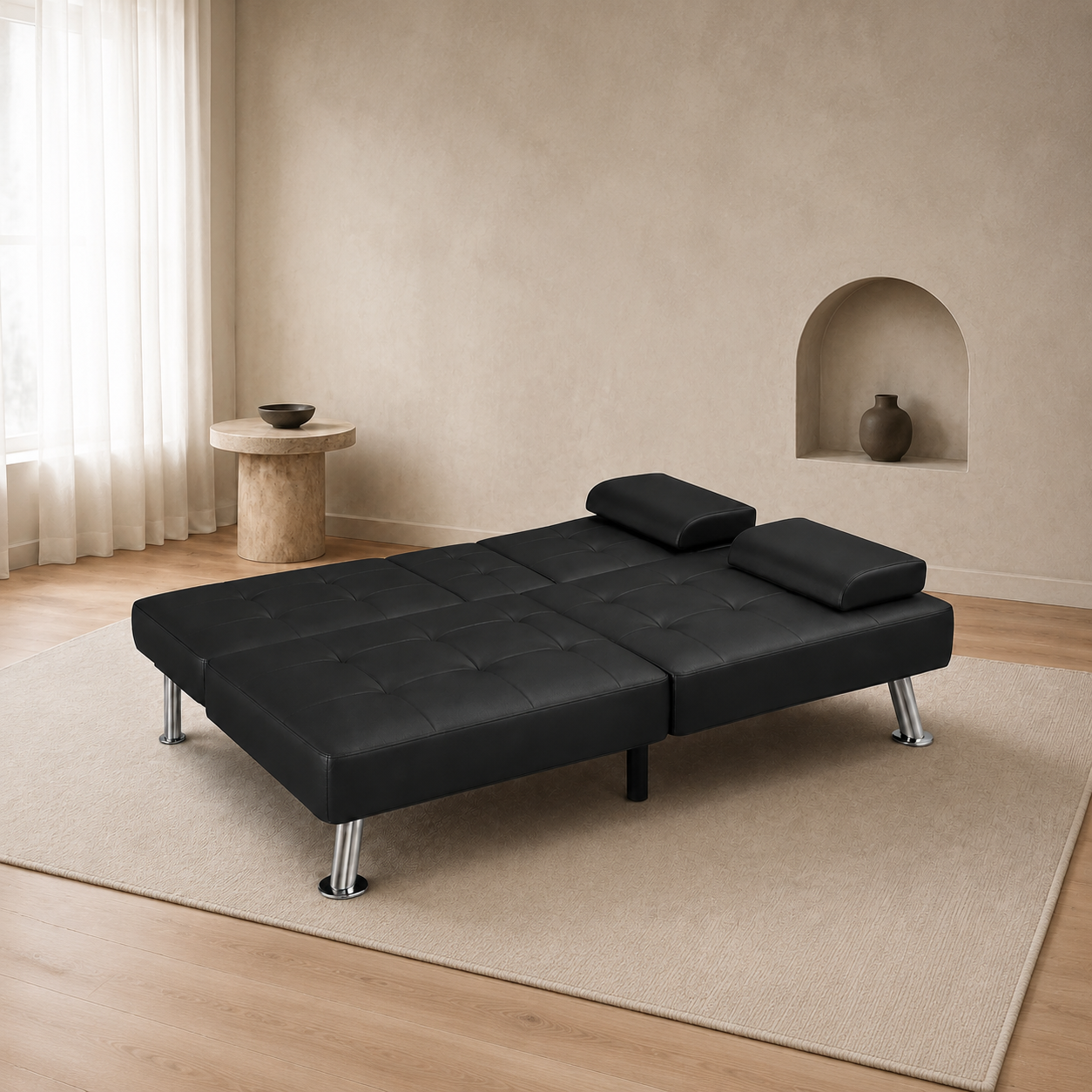 Flamaker Futon Sofa Bed Modern Folding Futon Set Convertible Recliner Lounge for Living Room with 2 Cup Holders, Removable Armrests (PU Leather, Black)