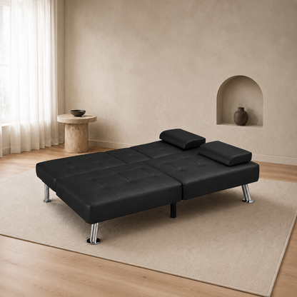 Flamaker Futon Sofa Bed Modern Folding Futon Set Convertible Recliner Lounge for Living Room with 2 Cup Holders, Removable Armrests (PU Leather, Black)