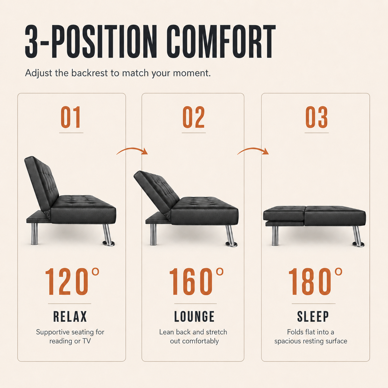 Flamaker Futon Sofa Bed Modern Folding Futon Set Convertible Recliner Lounge for Living Room with 2 Cup Holders, Removable Armrests (PU Leather, Black)