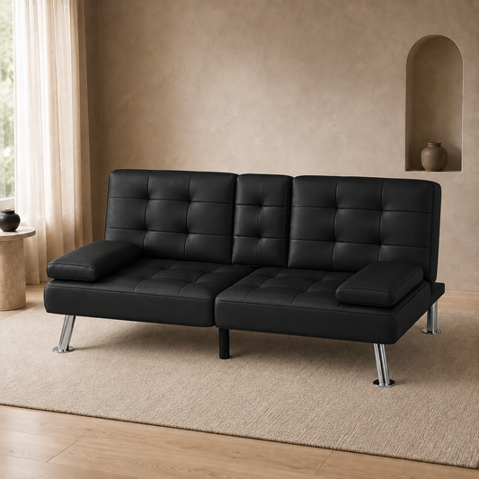 Flamaker Futon Sofa Bed Modern Folding Futon Set Convertible Recliner Lounge for Living Room with 2 Cup Holders, Removable Armrests (PU Leather, Black)