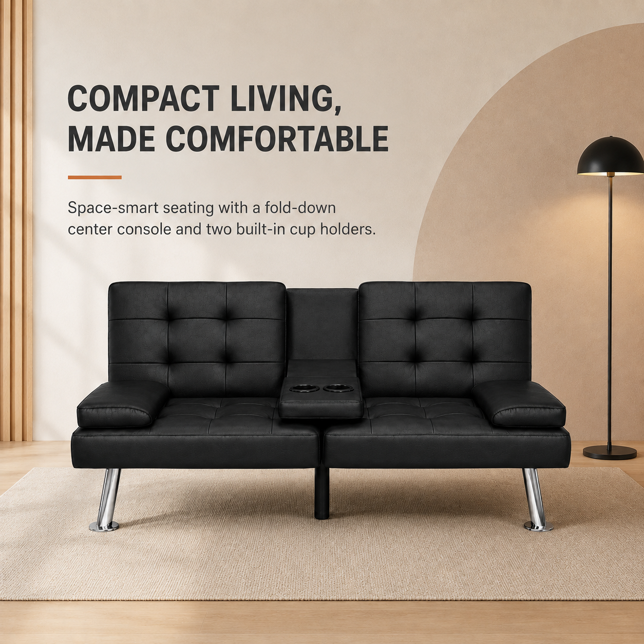 Flamaker Futon Sofa Bed Modern Folding Futon Set Convertible Recliner Lounge for Living Room with 2 Cup Holders, Removable Armrests (PU Leather, Black)