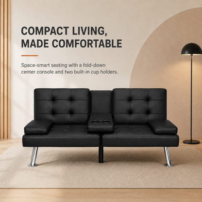 Flamaker Futon Sofa Bed Modern Folding Futon Set Convertible Recliner Lounge for Living Room with 2 Cup Holders, Removable Armrests (PU Leather, Black)