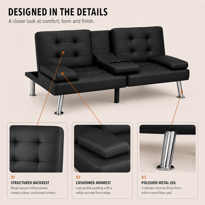 Flamaker Futon Sofa Bed Modern Folding Futon Set Convertible Recliner Lounge for Living Room with 2 Cup Holders, Removable Armrests (PU Leather, Black)