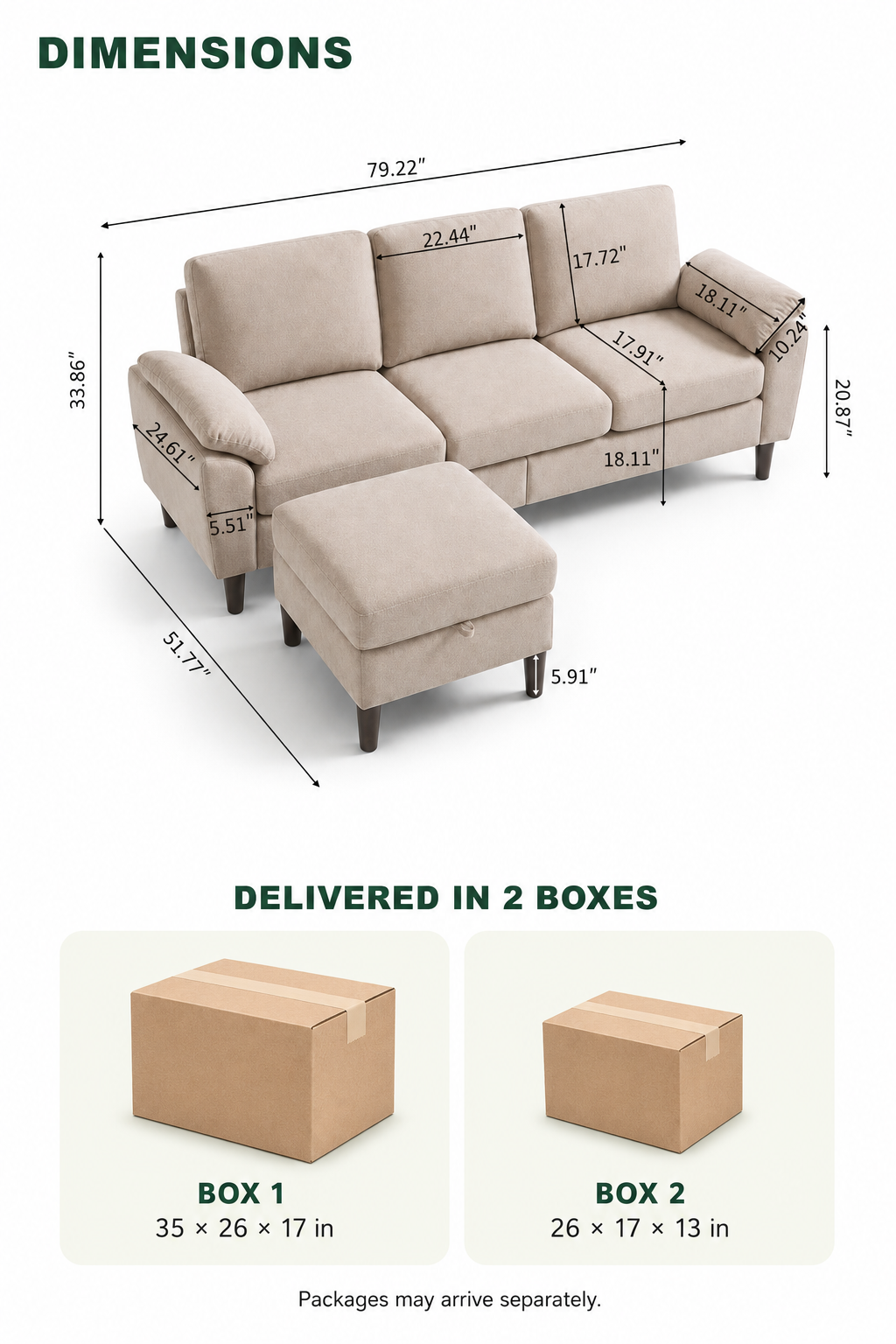 80" Convertible Sectional Sofa, Small L Shaped 3 Seat Couch with Reversible Storage Chaise, Modern Polyester Fabric Sofa Couches for Living Room, Apartment and Small Space, Beige