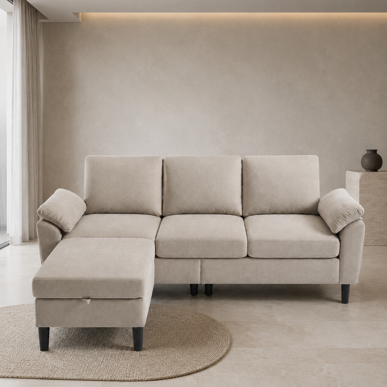 80" Convertible Sectional Sofa, Small L Shaped 3 Seat Couch with Reversible Storage Chaise, Modern Polyester Fabric Sofa Couches for Living Room, Apartment and Small Space, Beige