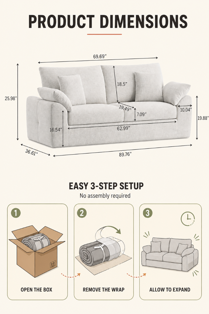 89.8" Cloud Boneless Sofa, Loveseat Couches with 4 Pillows, Modern Living Room 2 Seater Sofa for Small Space, Apartment, No Assembly, Beige