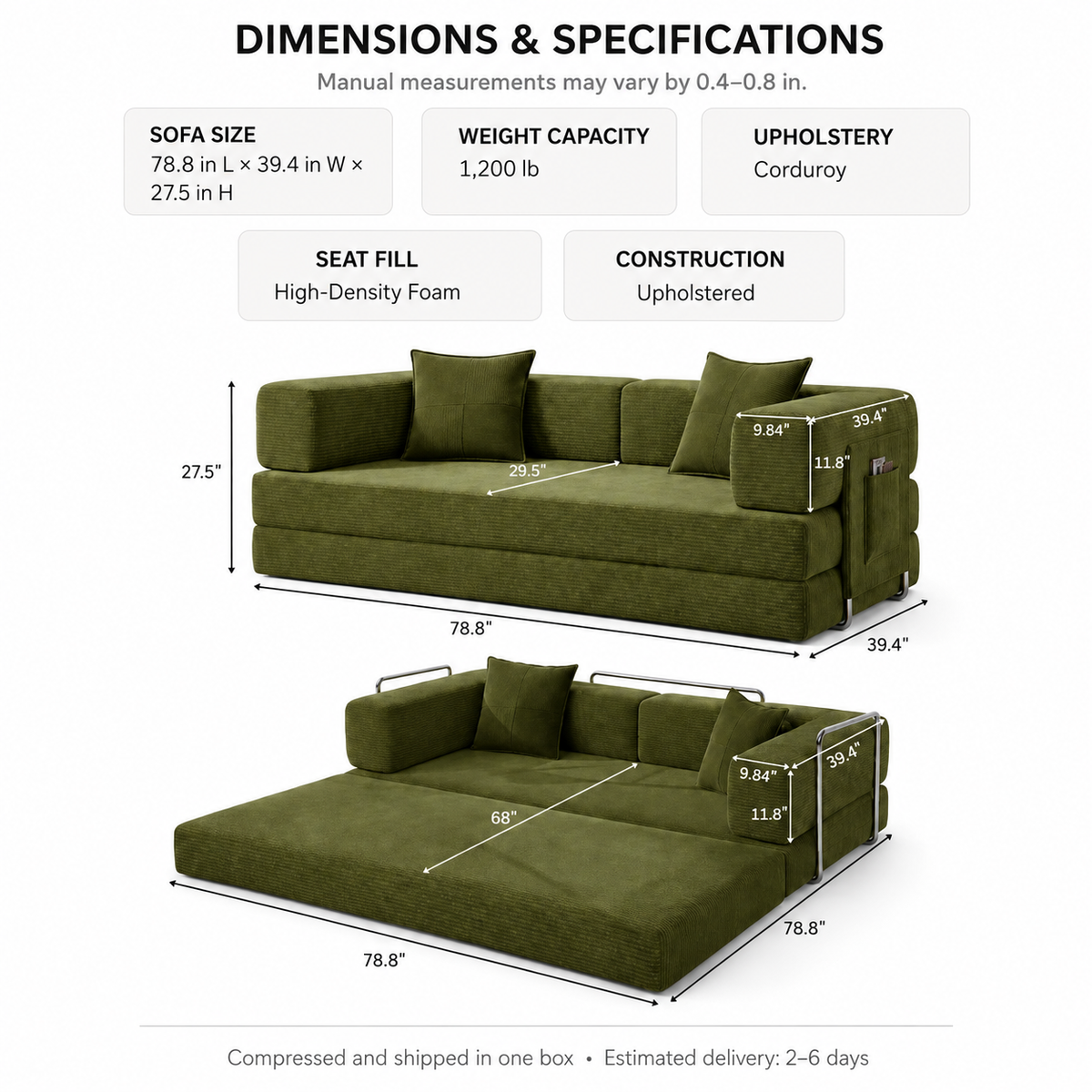 MoonSpeak 78.8'' Futon Sofa Bed, Boneless Couches for Living Room, Green