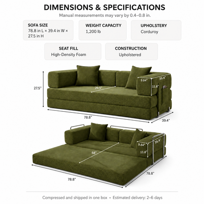 MoonSpeak 78.8'' Futon Sofa Bed, Boneless Couches for Living Room, Green