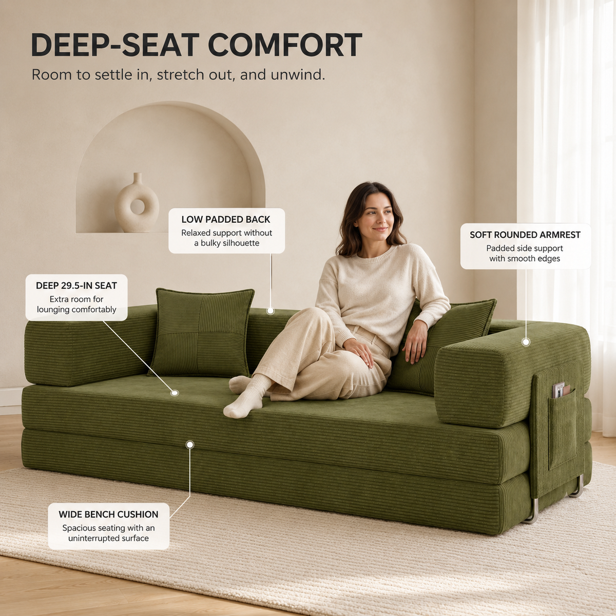MoonSpeak 78.8'' Futon Sofa Bed, Boneless Couches for Living Room, Green