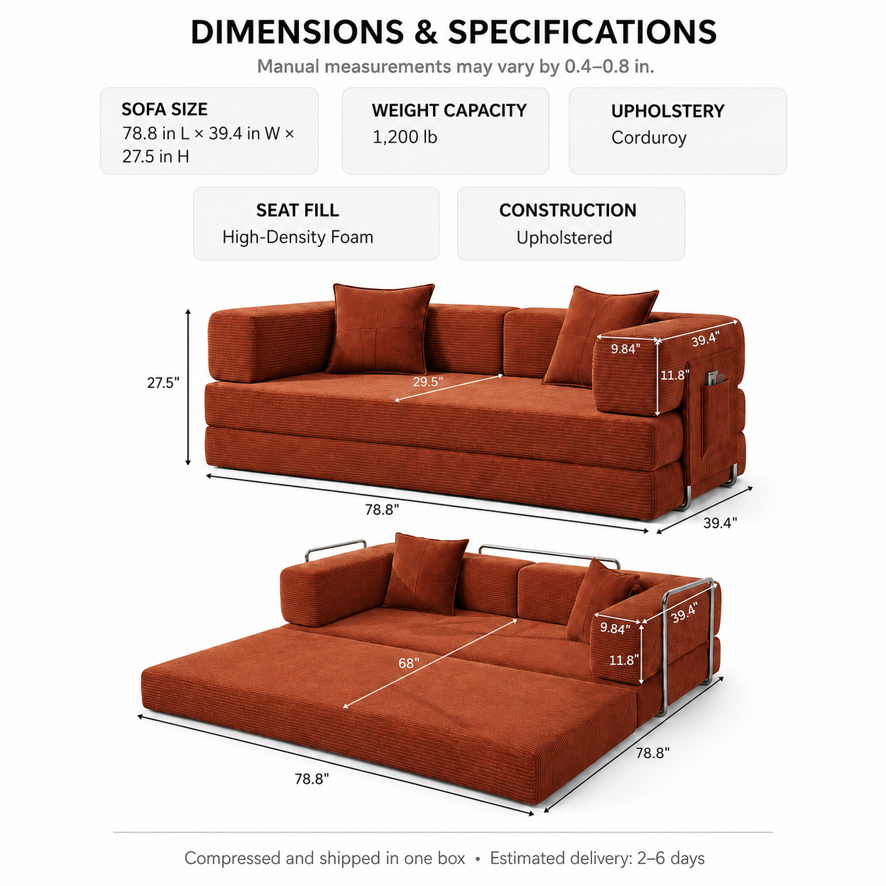MoonSpeak 78.8'' Futon Sofa Bed, Boneless Couches for Living Room, Rust Red