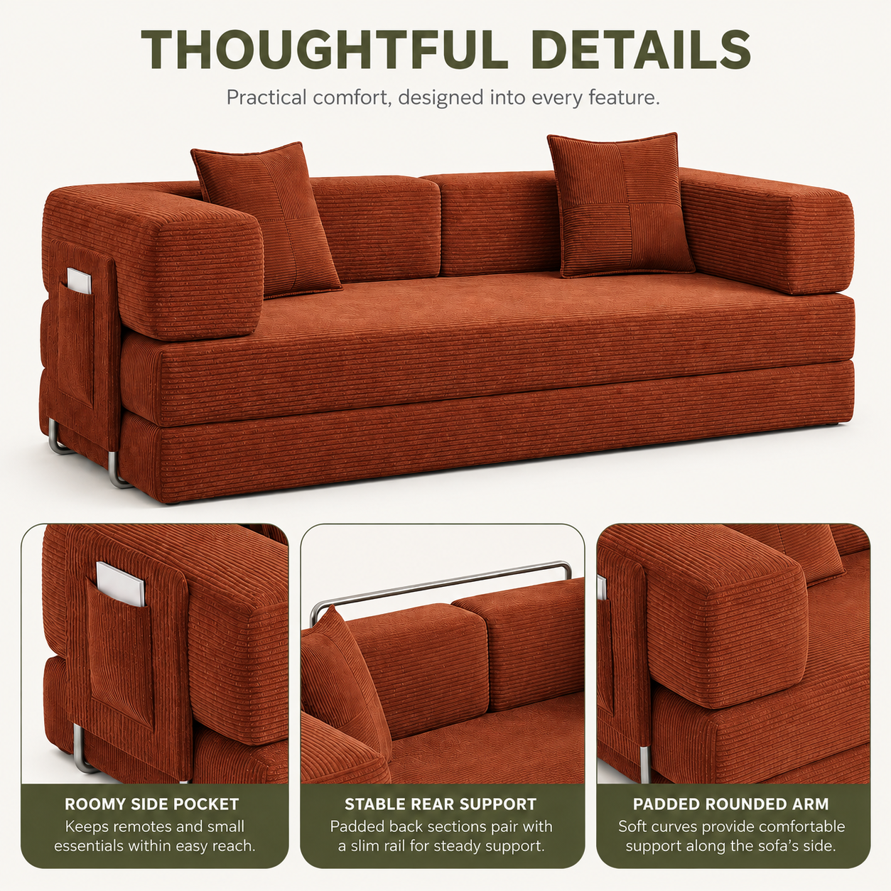 MoonSpeak 78.8'' Futon Sofa Bed, Boneless Couches for Living Room, Rust Red