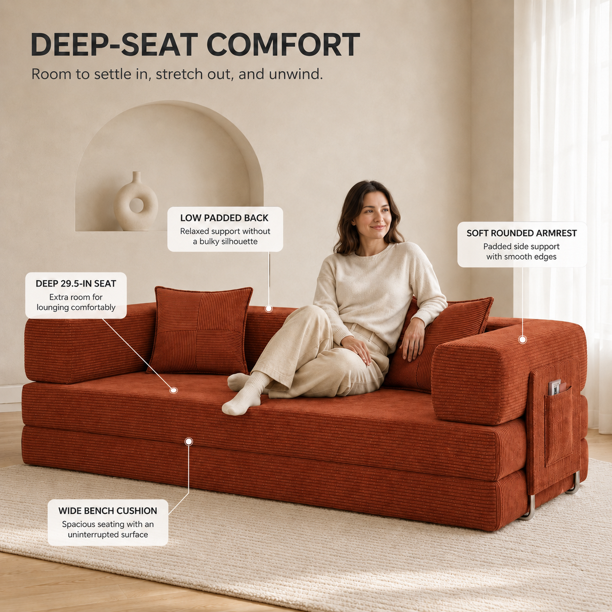 MoonSpeak 78.8'' Futon Sofa Bed, Boneless Couches for Living Room, Rust Red