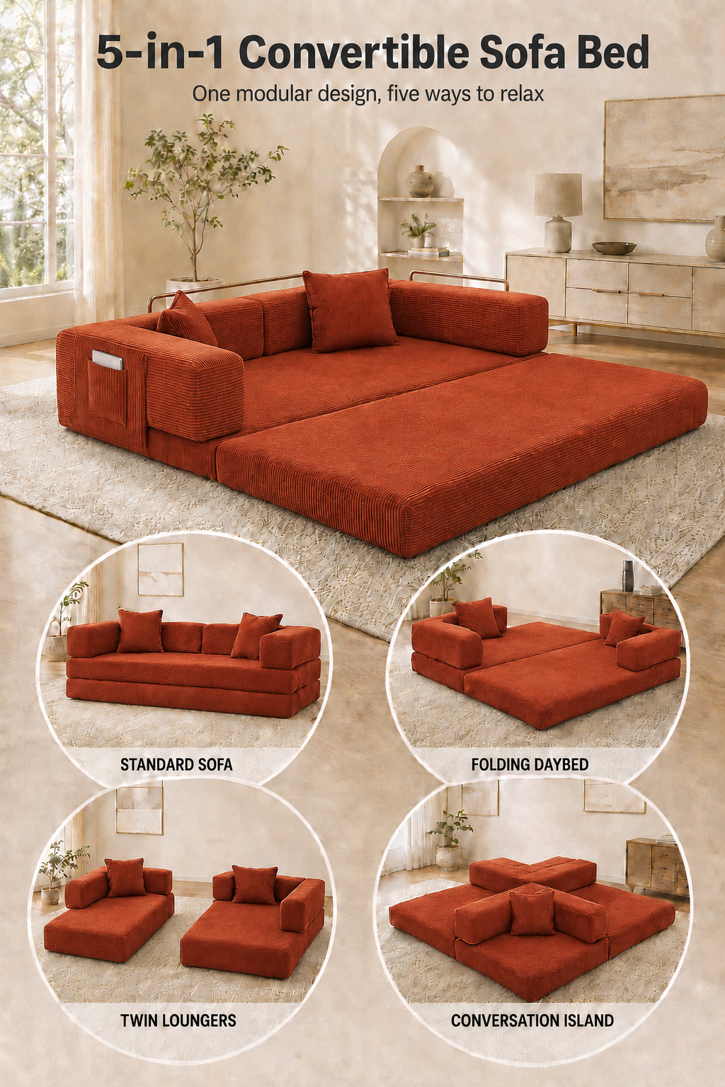 MoonSpeak 78.8'' Futon Sofa Bed, Boneless Couches for Living Room, Rust Red