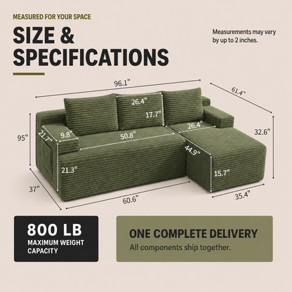 96" Sectional Couches for Living Room Cloud Couch Sofa with L-Shape Upholstered Boneless Couchs Modern Modular Sectional Couch with Chaise, Green