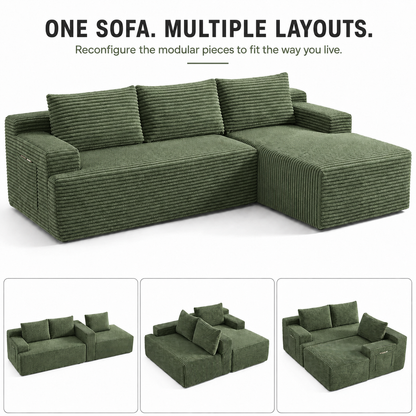 96" Sectional Couches for Living Room Cloud Couch Sofa with L-Shape Upholstered Boneless Couchs Modern Modular Sectional Couch with Chaise, Green