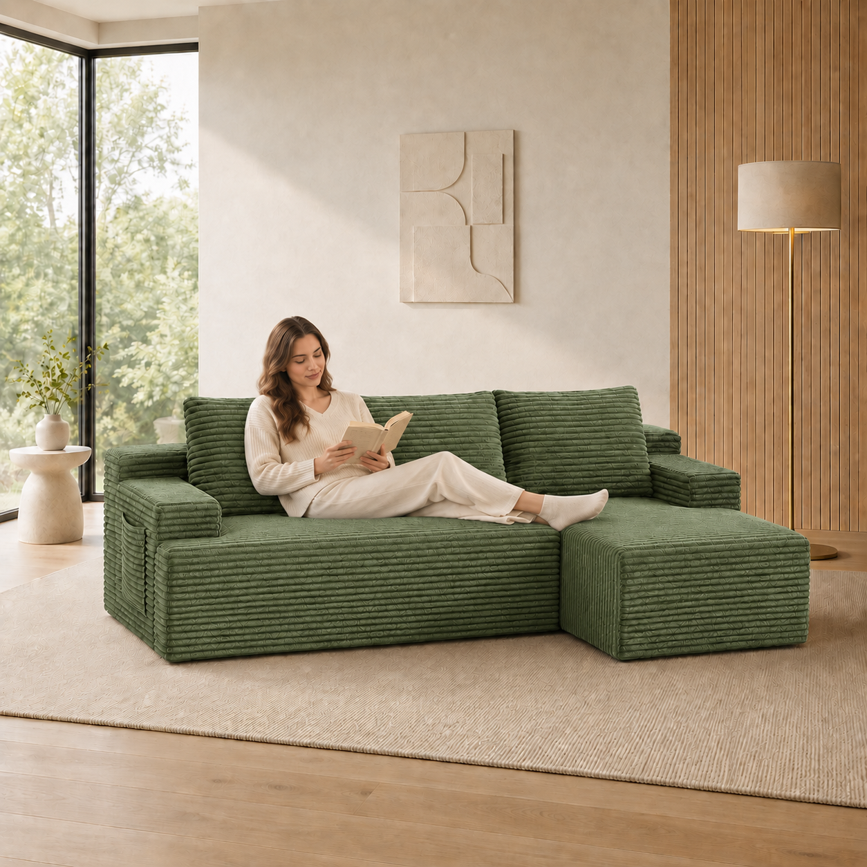 96" Sectional Couches for Living Room Cloud Couch Sofa with L-Shape Upholstered Boneless Couchs Modern Modular Sectional Couch with Chaise, Green