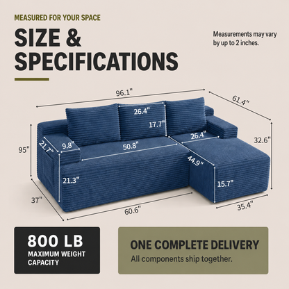 96" Sectional Couches for Living Room Cloud Couch Sofa with L-Shape Upholstered Boneless Couchs Modern Modular Sectional Couch with Chaise, Blue