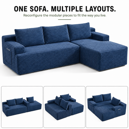96" Sectional Couches for Living Room Cloud Couch Sofa with L-Shape Upholstered Boneless Couchs Modern Modular Sectional Couch with Chaise, Blue