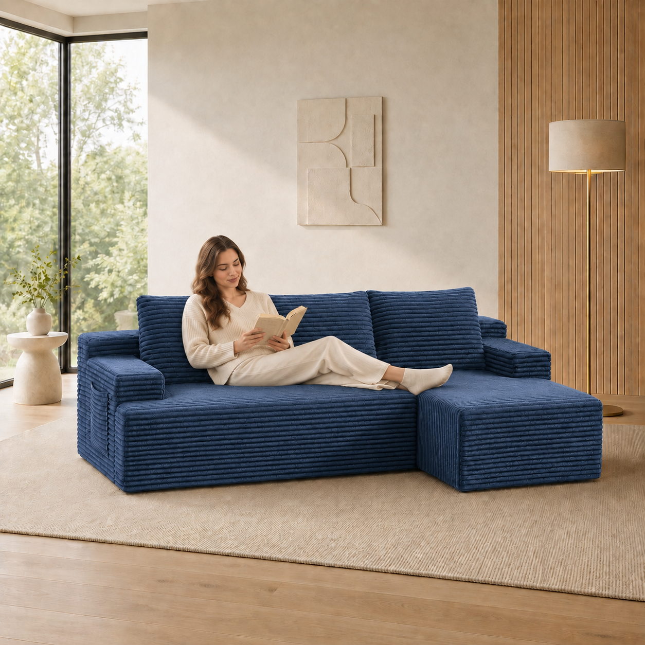 96" Sectional Couches for Living Room Cloud Couch Sofa with L-Shape Upholstered Boneless Couchs Modern Modular Sectional Couch with Chaise, Blue