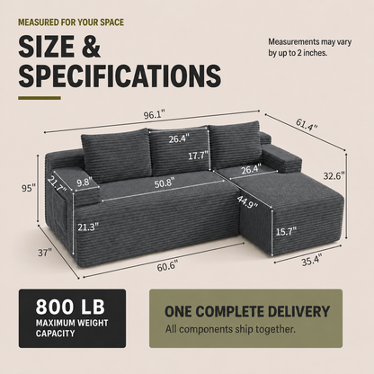 96" Sectional Couches for Living Room Cloud Couch Sofa with L-Shape Upholstered Boneless Couchs Modern Modular Sectional Couch with Chaise, Dark Grey