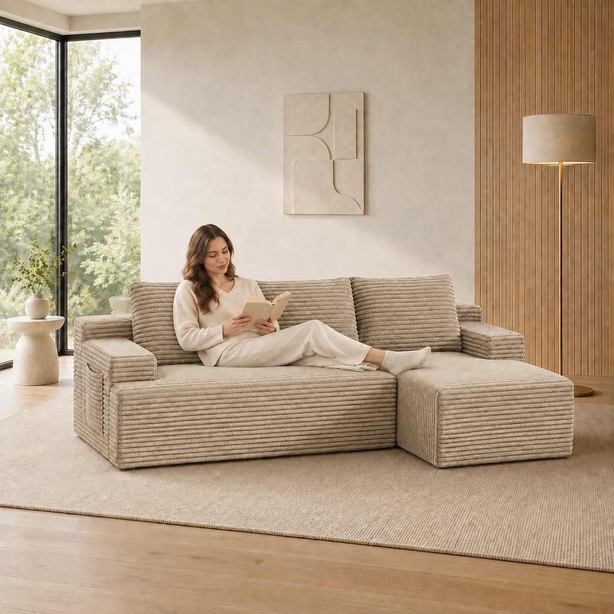96" Sectional Couches for Living Room Cloud Couch Sofa with L-Shape Upholstered Boneless Couchs Modern Modular Sectional Couch with Chaise, Camel