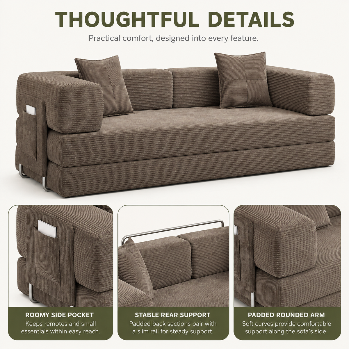 MoonSpeak 78.8'' Futon Sofa Bed, Boneless Couches for Living Room, Brown