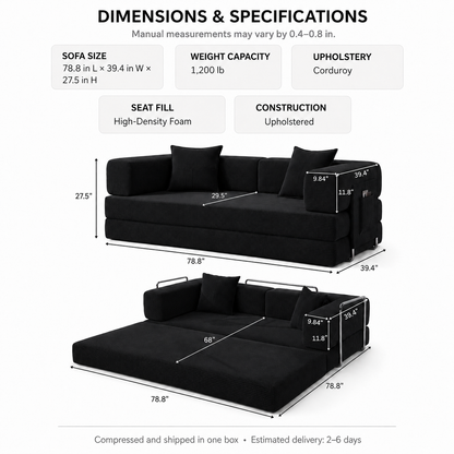 MoonSpeak 78.8'' Futon Sofa Bed, Boneless Couches for Living Room, Black