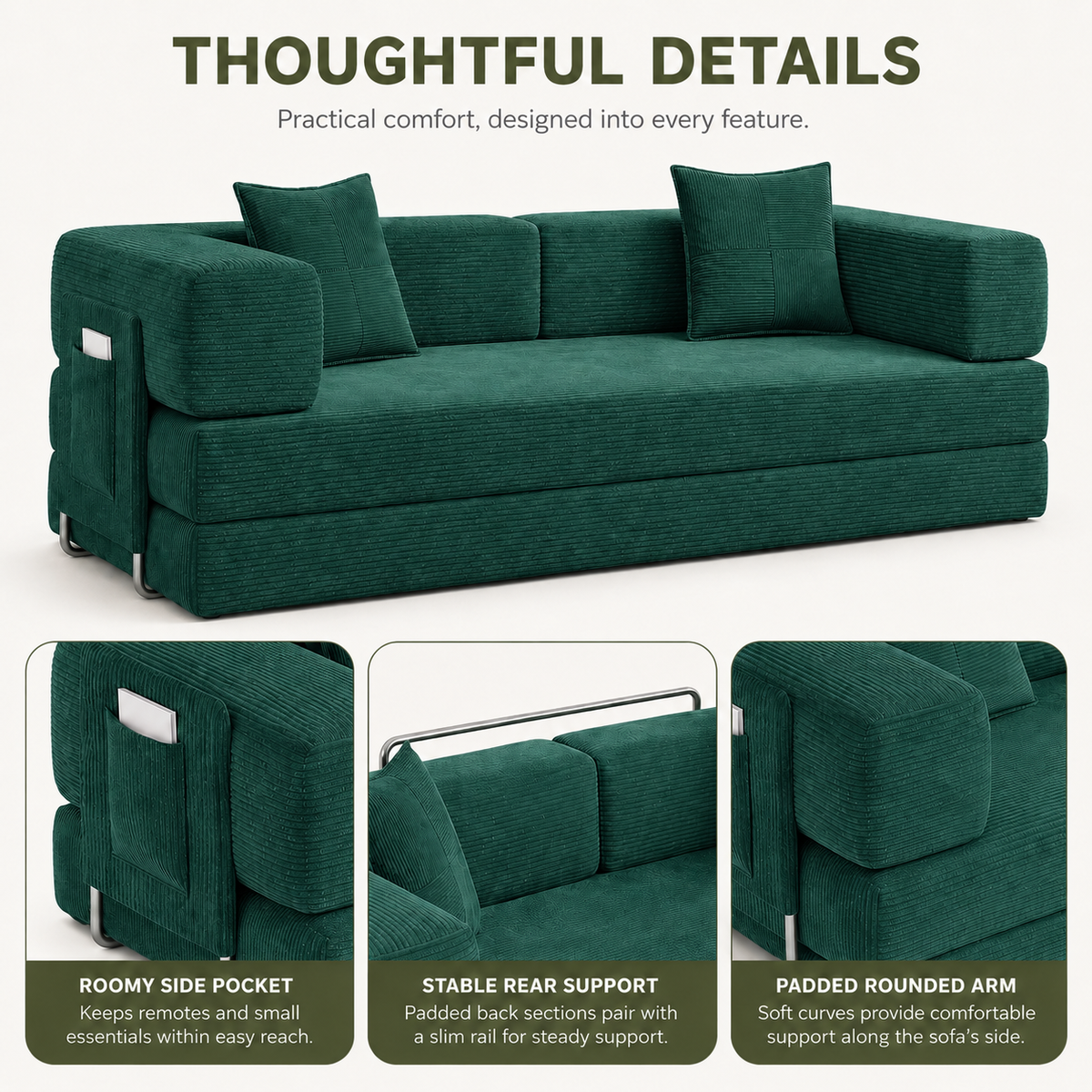 MoonSpeak 78.8'' Futon Sofa Bed, Boneless Couches for Living Room, Emerald Green
