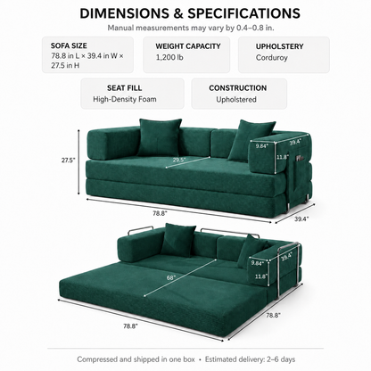 MoonSpeak 78.8'' Futon Sofa Bed, Boneless Couches for Living Room, Emerald Green