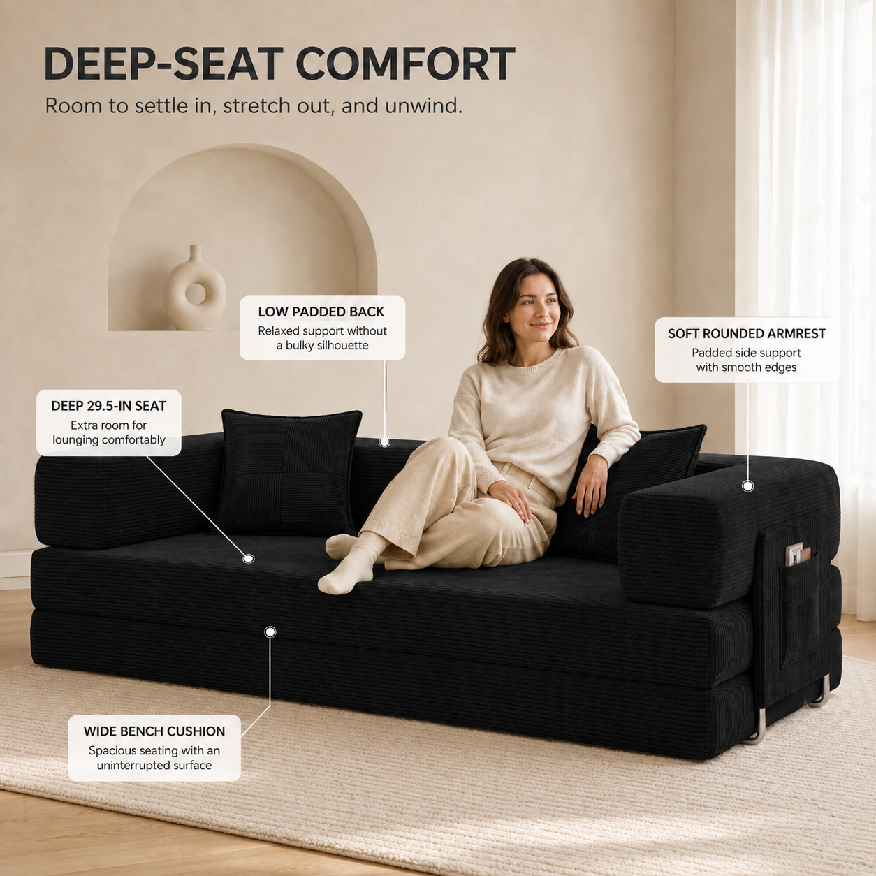 MoonSpeak 78.8'' Futon Sofa Bed, Boneless Couches for Living Room, Black