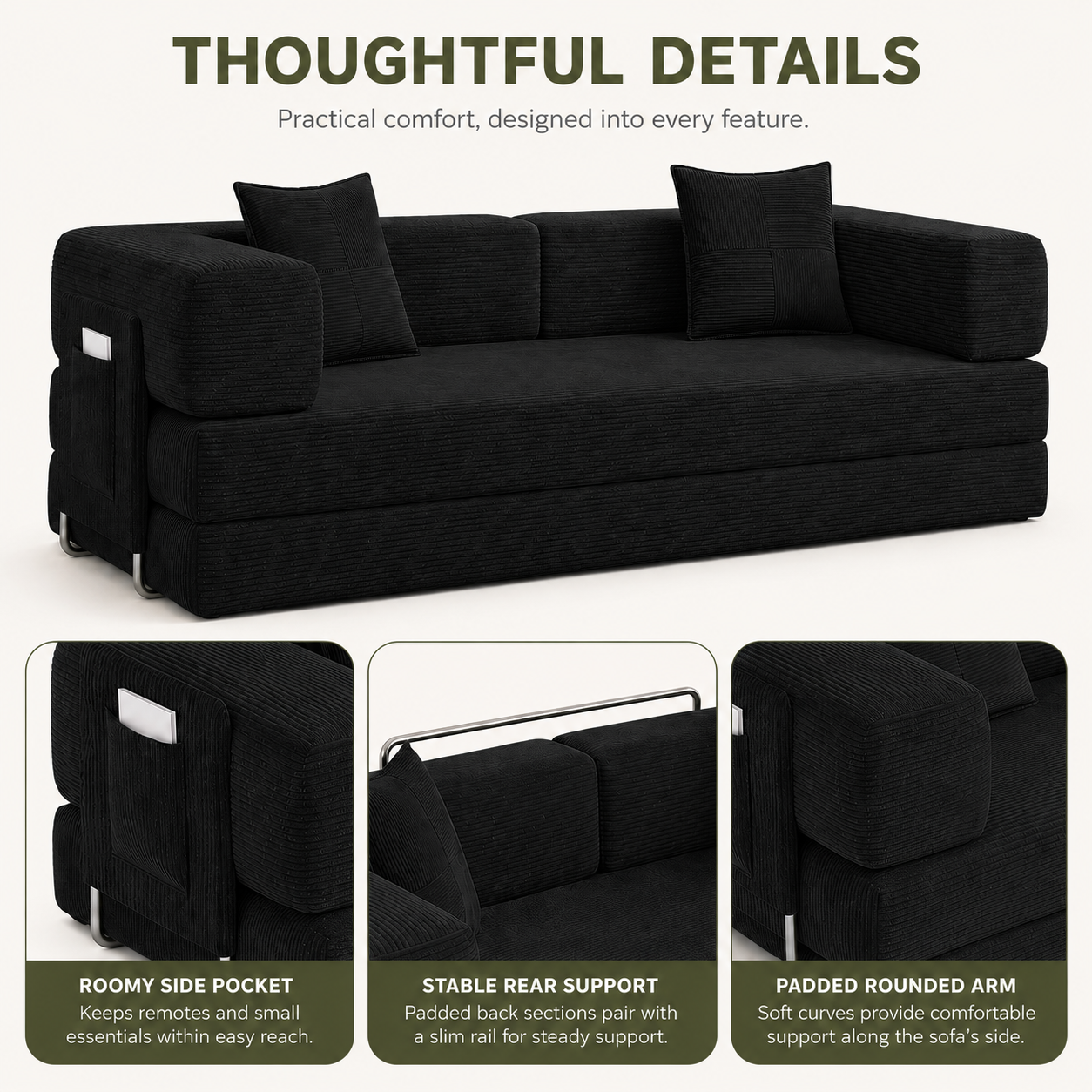 MoonSpeak 78.8'' Futon Sofa Bed, Boneless Couches for Living Room, Black