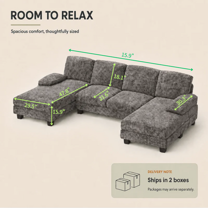 Furmax Sectional Couches for Living Room, U-Shaped Sofa Couch with Linen Fabric, 4 Seat Sofa Set with Double Chaise for Apartment (Fabric, Grey)